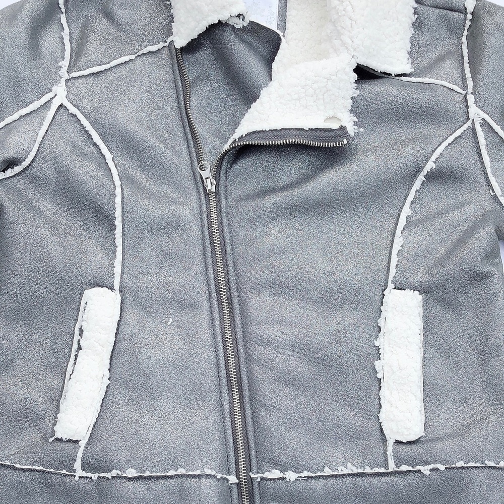 Justice Metallic Pewter Gray Faux Shearling Coat - Picture 4 of 8